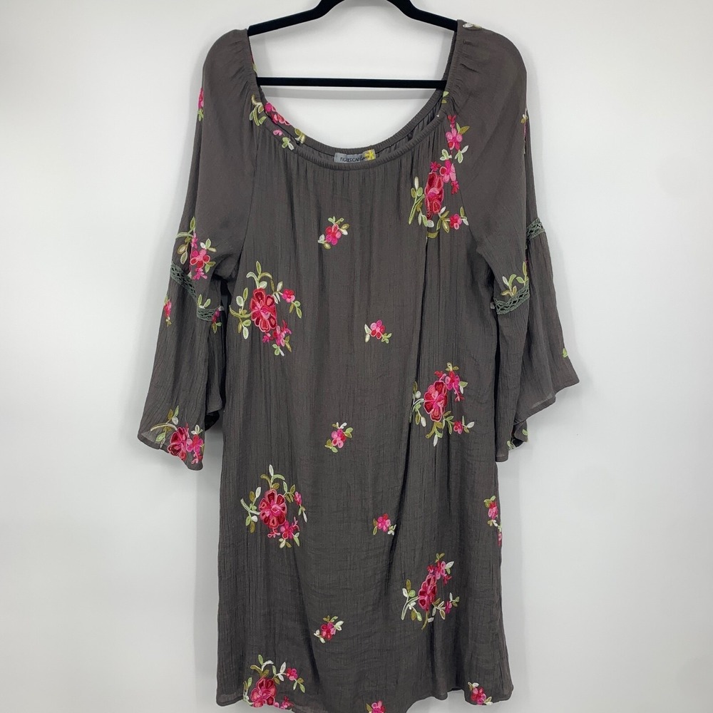 Figueroa & Flower Womens XL Gauzy Floral Embroidered Boho Bell Sleeve Dress
